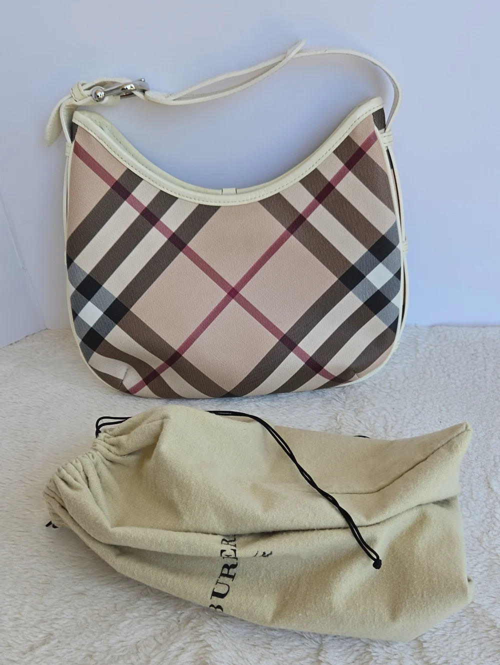 BURBERRY Vintage House Check White Leather Hobo Shoulder Bag with Dust Bag